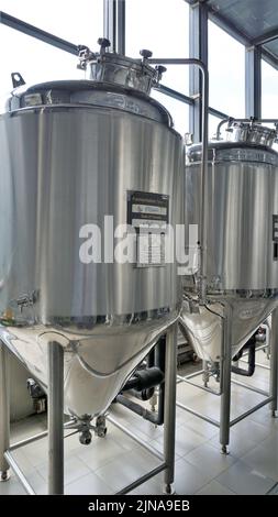 Rangée de cuves de micro-brasserie en métal brillant ou cuves de fermentation en purée dans l'usine de brasserie. Usine de bière moderne avec bouilloires, tubes et réservoirs à brasseur Banque D'Images