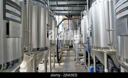 Rangée de cuves de micro-brasserie en métal brillant ou cuves de fermentation en purée dans l'usine de brasserie. Usine de bière moderne avec bouilloires, tubes et réservoirs à brasseur Banque D'Images