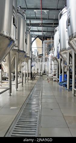 Rangée de cuves de micro-brasserie en métal brillant ou cuves de fermentation en purée dans l'usine de brasserie. Usine de bière moderne avec bouilloires, tubes et réservoirs à brasseur Banque D'Images