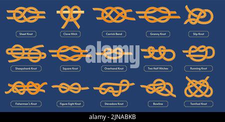 Nœud de corde de voile. Récif carré, tomidiot et nœuds à découvert. Ensemble de vecteurs d'attelages et de boucles de corde nautique Illustration de Vecteur