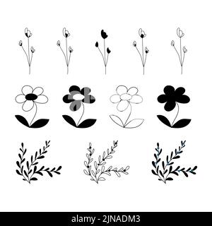 Ensemble de fleurs et éléments floraux, brindilles et feuilles. Silhouettes vectorielles de fleurs Illustration de Vecteur