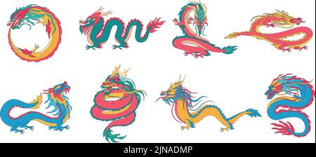 Dragons asiatiques. Créatures mythologiques chinoises, animaux de légende ancienne et ensemble d'illustrations vectorielles de dragon d'ouroboros Illustration de Vecteur