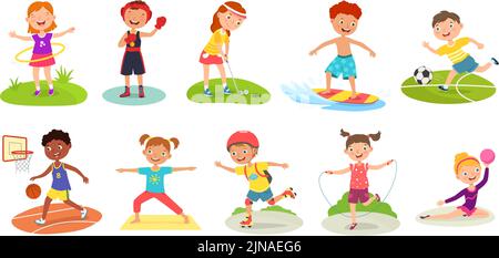 Activités sportives pour les enfants. Différents exercices pour les enfants actifs, les garçons heureux et les filles pratiquant le sport et jouer ensemble de vecteur Illustration de Vecteur