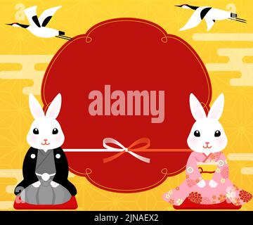 Bannière du nouvel an, année du lapin, 2023, couple de lapins mignon dans un kimono, 300x250 Illustration de Vecteur