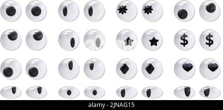 Yeux de bonne surprise. Oeil en plastique, auto-adhésif jouet drôle poupée oeil mobile et goofy idiot look réaliste 3D ensemble de vecteur isolé Illustration de Vecteur