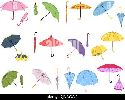 Divers parapluies. Parasol plié, parasol ouvert pour les intempéries. Ensemble de vecteurs d'accessoires de forme différente Illustration de Vecteur