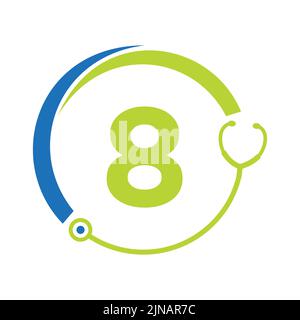 Symbole Santé médecin et logo médical sur le modèle de lettre 8. Logo médecins avec enseigne stéthoscope Illustration de Vecteur