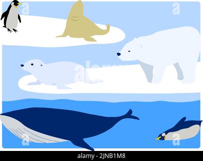 Glace de dérive, ours polaires, pingouins, lions de mer, phoques à fourrure, et baleines Illustration de Vecteur