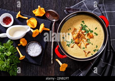 Kanttarellikeitto, soupe finlandaise Chanterelle en pot rouge sur table en bois sombre avec ingrédients sur fond, vue horizontale depuis le dessus, plat, clos Banque D'Images