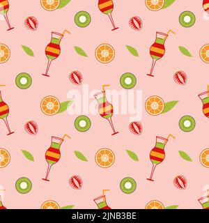 Arrière-plan avec cocktail et tranches d'orange, fraise, kiwi et feuille sur fond rose. Illustration de Vecteur