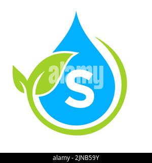 Logo « Eco Leaf » et « Water Drop » sur le modèle lettre S. Lettre S concept de l'eau Illustration de Vecteur