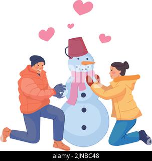 Activité romantique en hiver. Homme et femme faisant boule de neige ensemble isolé sur fond blanc Illustration de Vecteur