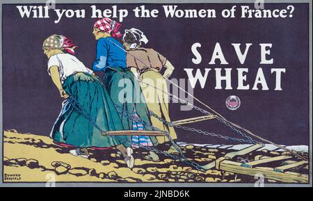 Aiderez-vous les femmes de France ? Save Wheat (1918) affiche de l'époque de la première Guerre mondiale américaine par Edward Penfield Banque D'Images