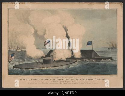 Combat formidable entre les 2 canons « Monitor » et les 10 canons « Merrimac » le premier combat entre les navires de guerre revêtus de fer, à Hampton Roads, 9 mars 1862, dans lequel le petit « Monitor » a fouetté le Banque D'Images