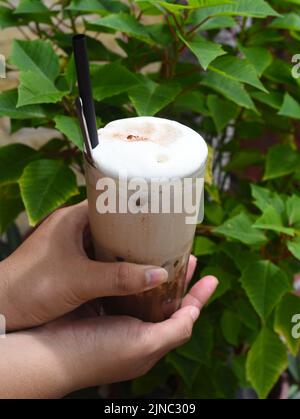 Les mains de la femme tiennent la boisson de café Banque D'Images