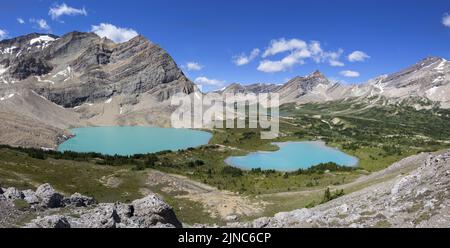 Vue panoramique sur le paysage alpin avec Twin Teal Colored Lakes et Rocky Mountain Peaks Skyline. Journée ensoleillée randonnée pittoresque Summertime Parc national Banff Banque D'Images