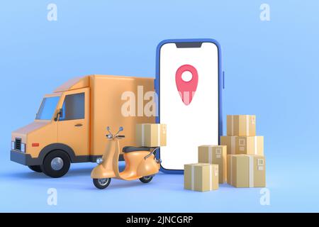 Concept de commerce électronique, Service de livraison sur application mobile, transport par camion, illustration 3D Banque D'Images