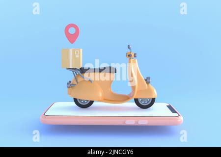 Concept de commerce électronique, Service de livraison sur application mobile, transport par camion, illustration 3D Banque D'Images