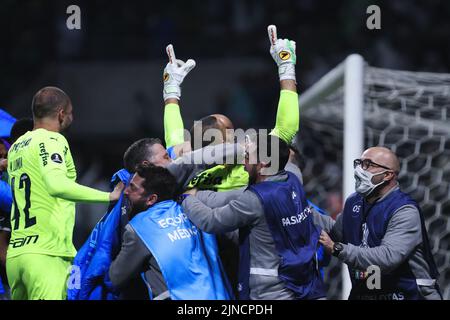 Sao Paulo, Brésil. 10th août 2022. SP - Sao Paulo - 10/08/2022 - LIBERTADORES 2022, PALMEIRAS X ATLETICO-MG - Weverton jogador do Palmeiras comemora gol marcado de penalti em decisiao durante da contra o Atletico-MG no estadio Arena Allianz Partipelo campeonato Copa Libertadores 2022. Foto: Ettore Chiereguini/AGIF/Sipa USA crédit: SIPA USA/Alay Live News Banque D'Images