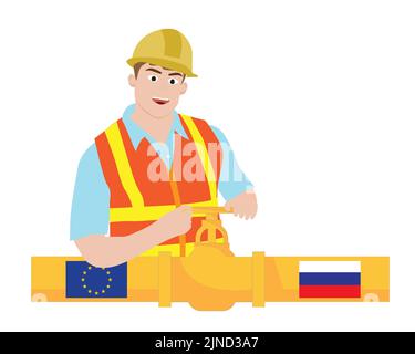 Un travailleur industriel a fermé la vanne de canalisation d'huile. Pipeline de gaz combustible avec des drapeaux de transport de la Russie à l'UE européenne. Vecteur et illustration. Illustration de Vecteur