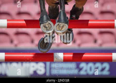 Herning, Danemark. 10th août 2022. Sport équestre: Championnat du monde, saut. Les sabots d'un cheval sautent sur un obstacle. Credit: Friso Gentsch/dpa/Alay Live News Banque D'Images