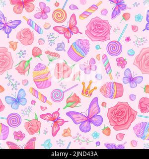 Motif vectoriel sans couture avec papillons, roses, petits gâteaux et bonbons sur fond rose. Illustration de Vecteur