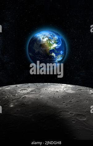 Half Planet Earth vue de la Lune, ciel étoilé foncé. Quelques éléments d'image fournis par la NASA. Banque D'Images