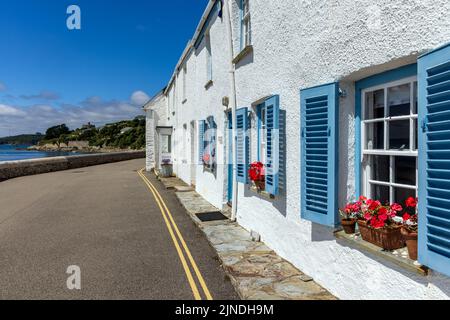 Volets bleus sur les fenêtres des vieilles maisons de pêcheurs faisant face à la mer à St Mawes, Cornouailles, Angleterre. Banque D'Images