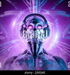 Techno Music robot intelligence - 3D illustration de la science fiction cyberpunk crâne face à cyborg avec des écouteurs Banque D'Images