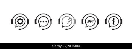 Ensemble d'icônes de lignes vectorielles associées à la prise en charge. Inclut des icônes telles que l'opérateur, le casque, le combiné, la boîte de dialogue. Illustration de Vecteur