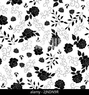 Motif monochrome sans couture avec roses vintage. Fond de silhouettes de fleurs noir et blanc. Papier peint à motif fleuri. Illustration de Vecteur