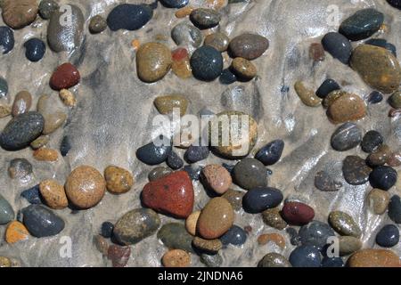 Rochers humides colorés sur le rivage d'une plage du sud de la Californie à la mi-août. Eau s'écoulant des rochers à marée basse. Banque D'Images