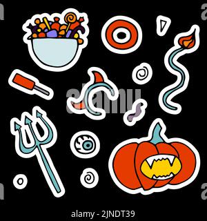 Ensemble d'autocollants Doodle Halloween. Citrouille dessinée à la main, costume, cornes, queue, œil, bonbons sur fond noir. Jolie bannière effrayante pour les vacances d'automne, Da Illustration de Vecteur