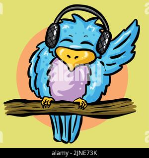 Drôle de dessin animé Blue Bird sur une branche écouter de la musique sur casque dessin animé Illustration de la mascotte de dessin animé Illustration de Vecteur