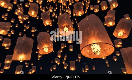 Magnifique paysage de festival de lanterne de ciel. Loy Krathong Festival en Thaïlande, fond de lanterne volante chinoise. 3d rendu, 3d illustration Banque D'Images