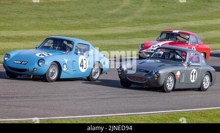 1959 Austin Healey Sebring Sprite avec le 1965 Austin Healey WSM Sprite pendant la course de la Weslake Cup au Goodwood 79MM, Sussex, Royaume-Uni Banque D'Images
