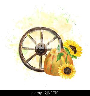 Une composition de jardin d'automne. Un ensemble d'illustrations aquarelles sur le thème de la récolte d'automne. Une vieille roue en bois avec potiron coloré, sunflo Banque D'Images