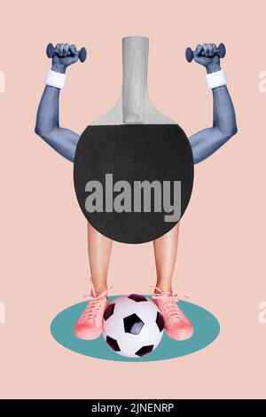 Magazine collage de créature inhabituelle sportive faire exercice physique tennis football pouvoir levage isolé couleur beige fond Banque D'Images