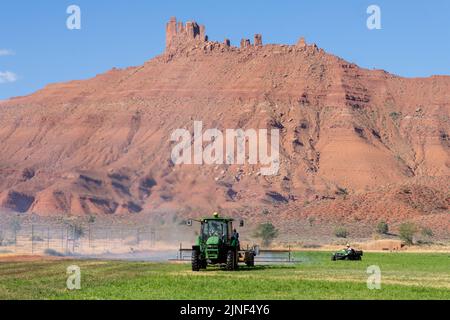 Un tracteur tirant un brûleur de propane brûle les mauvaises herbes dans un champ de foin après avoir coupé la luzerne dans un ranch de l'Utah. Banque D'Images