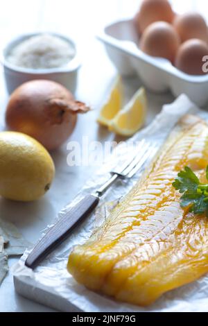 Ingrédients d'Haddock et de kedgeree fumés - dof peu profond Banque D'Images