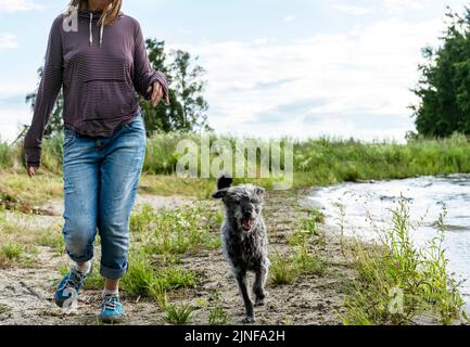 femme sans visage courant le long du lac avec voyage de chien de race mixte et randonnée avec les animaux de compagnie chien de marche Banque D'Images