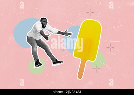 Affiche de collage de l'homme manger de la glace noir et blanc isolé sur fond de dessin de couleur rose Banque D'Images