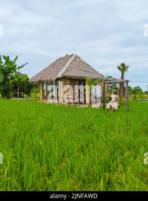 Couple hommes et femmes en vacances dans une maison en Thaïlande, éco-ferme avec rizières vertes pendant la saison de la mousson en Thaïlande Banque D'Images