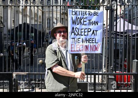 Londres, Royaume-Uni. Un seul manifestant a bravé la chaleur pour appeler le gouvernement qui semble s'endormir au volant pendant cette période difficile. Downing Street Gates, Whitehall. Crédit : michael melia/Alay Live News Banque D'Images