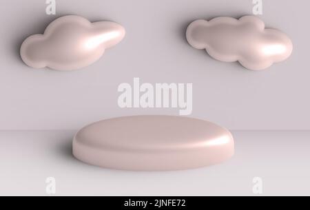 3d maquette de studio rendue pour la présentation du produit avec des nuages brillants. Podium sur le sol. Couleurs or rose minimales. Socle abstrait 3D Illustration de Vecteur