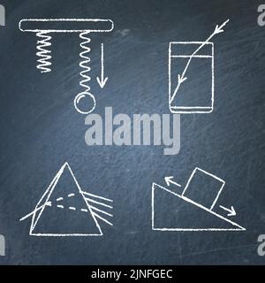 Icône physique définie sur le tableau de surveillance. Force élastique, force de frottement, réfraction et dispersion des symboles lumineux. Illustration vectorielle. Illustration de Vecteur