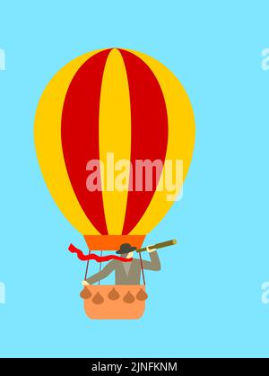 Homme en montgolfière volant dans le ciel Illustration de Vecteur