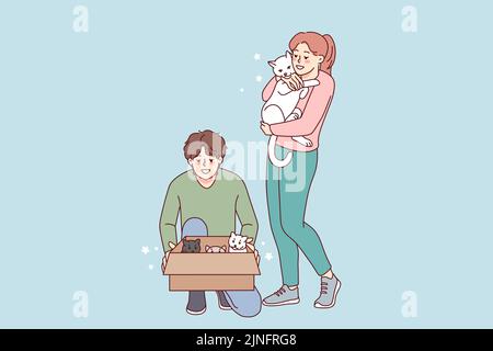 Couple heureux avec animaux de compagnie. Homme et femme souriants prennent des chatons abandonnés dans la rue. Les animaux domestiques adorent. Illustration vectorielle. Illustration de Vecteur