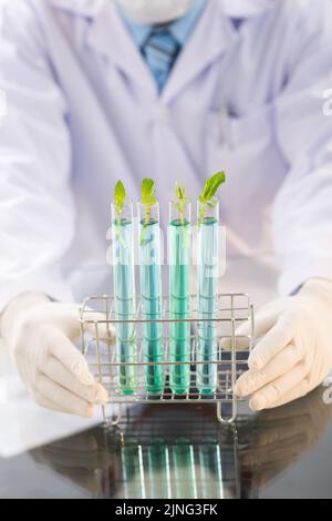 Gros plan d'un chercheur méconnaissable portant un manteau blanc et des gants en caoutchouc tenant des tubes à essai avec des germes génétiquement modifiés tout en menant une expérience dans un laboratoire moderne Banque D'Images