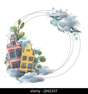 Cadre rond avec de jolies maisons européennes, des nuages, des arbres et des pigeons. Illustration aquarelle. Pour la conception et la décoration des autocollants touristiques Banque D'Images